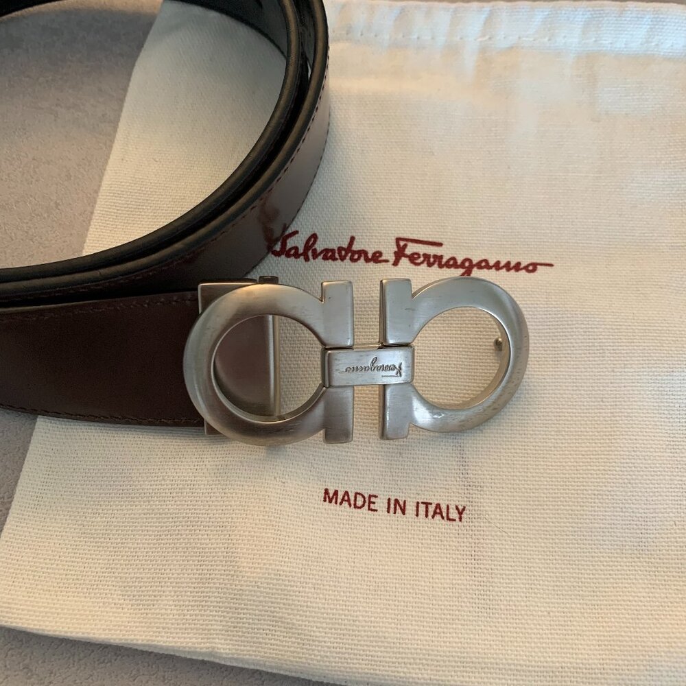 Salvatore Ferragamo Gancini Reversible Belt – Brown/Black Leather with Silver Bu